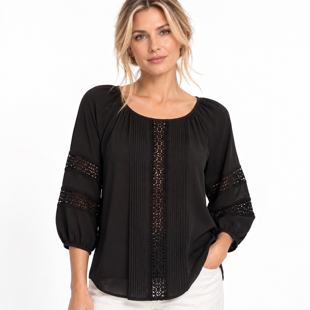 Catherine Malandrino Black Lace Pintuck Blouse NWT M